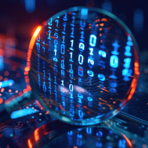 A computer under a magnifying glass with binary numbers symbolizing digital forensics
