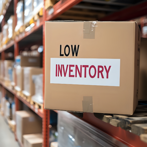 A cardboard box labeled "Low Inventory" sits on a shelf in a warehouse.